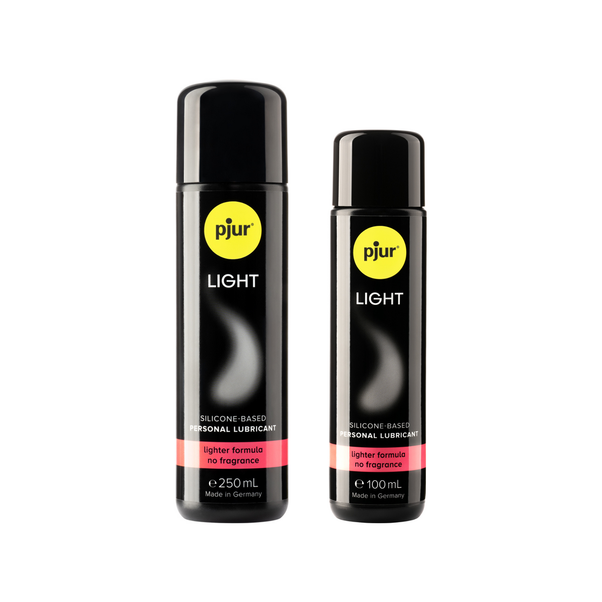 Two black bottles of Pjur Light silicone-based personal lubricants with a yellow logo and pink label indicating "lighter formula no fragrance". Main image