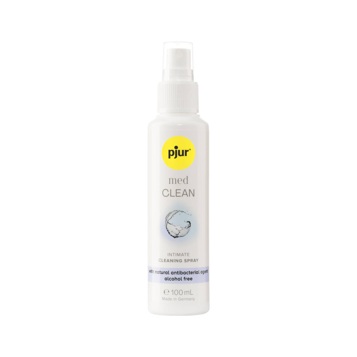 A white spray bottle of pjur med CLEAN intimate cleaning spray with a yellow logo and light blue accents on a white background. Main image
