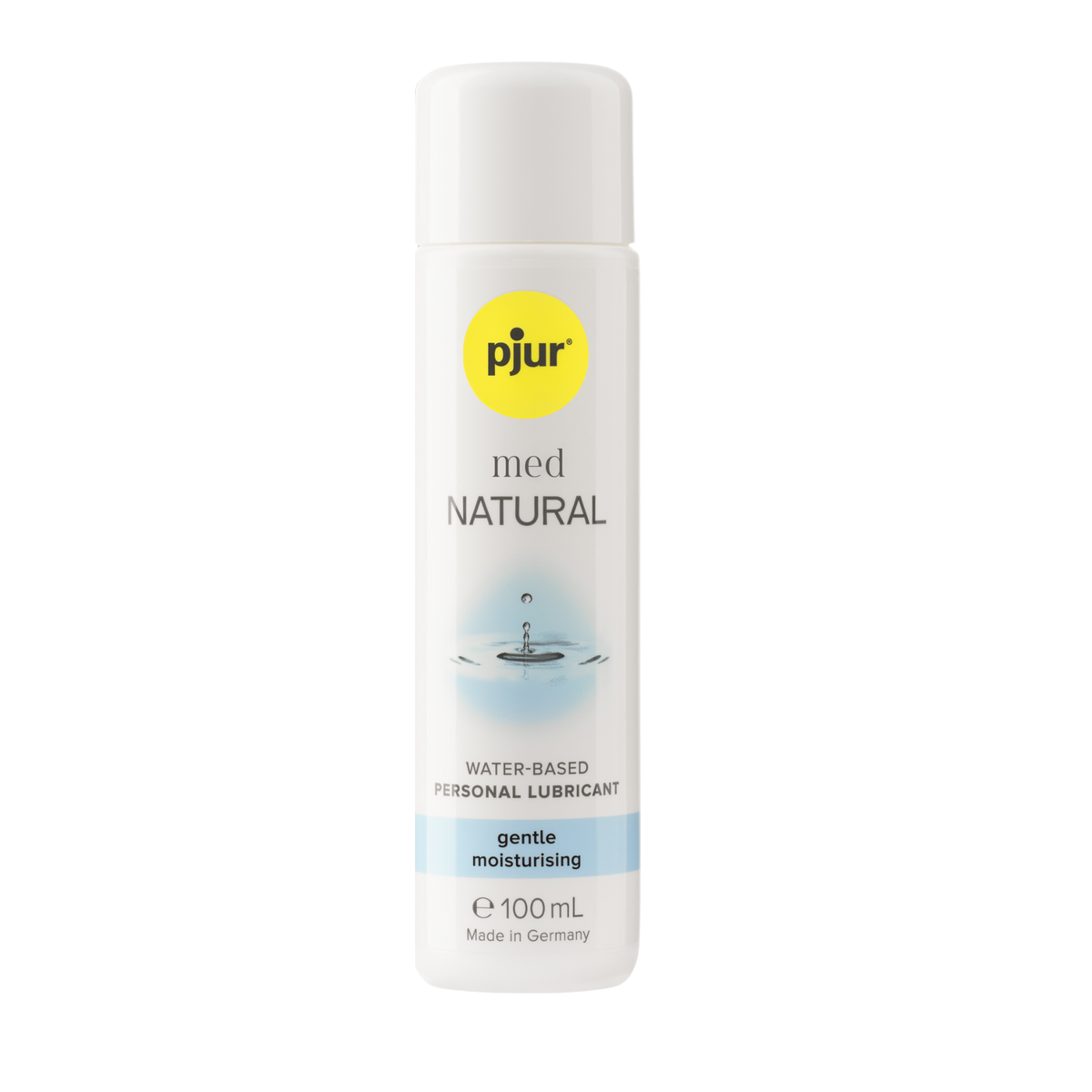 A white bottle of pjur med NATURAL water-based personal lubricant with a yellow logo and light blue accents on a white background. Main image