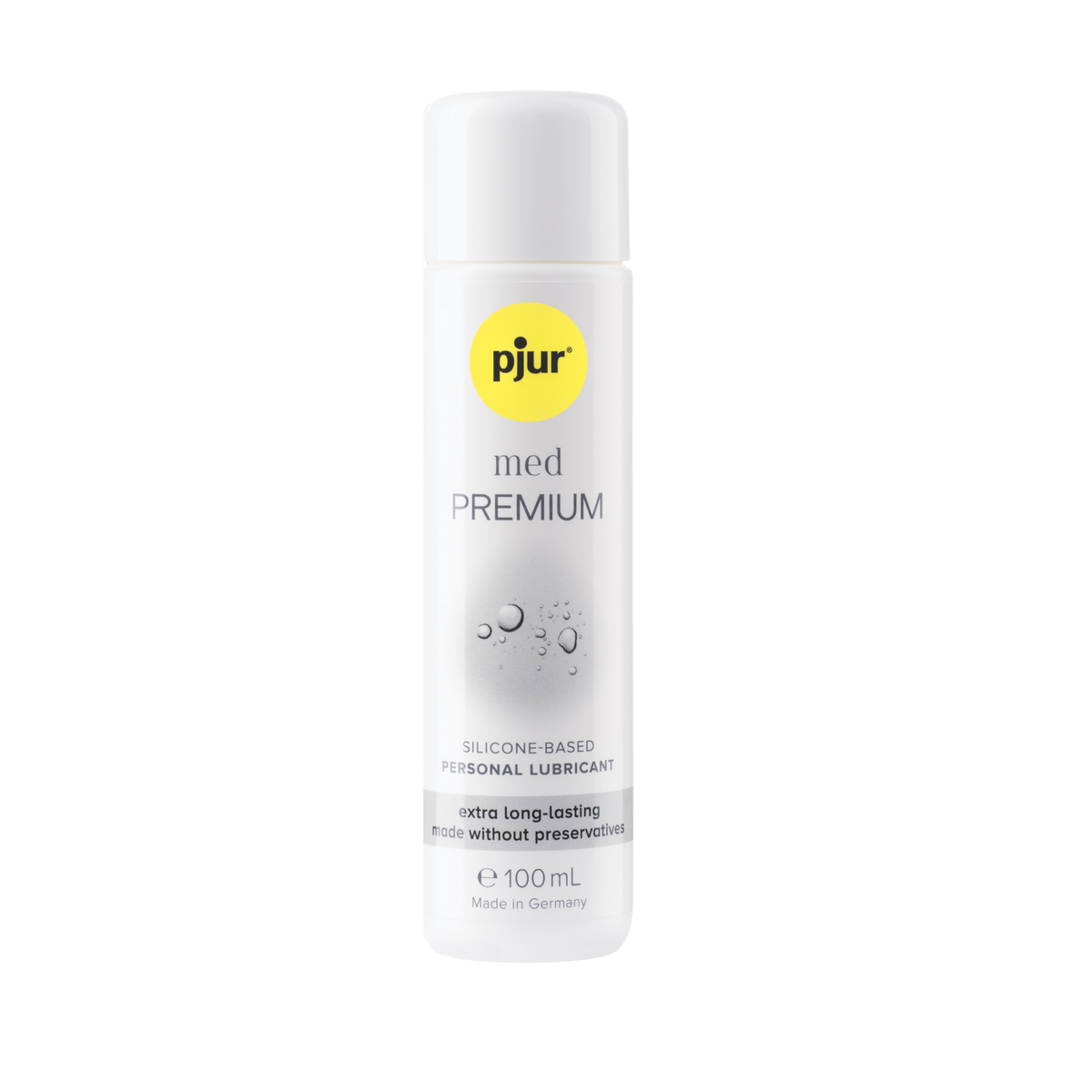 A white bottle of pjur med PREMIUM water-based personal lubricant with a yellow logo and light gray accents on a white background. Main image