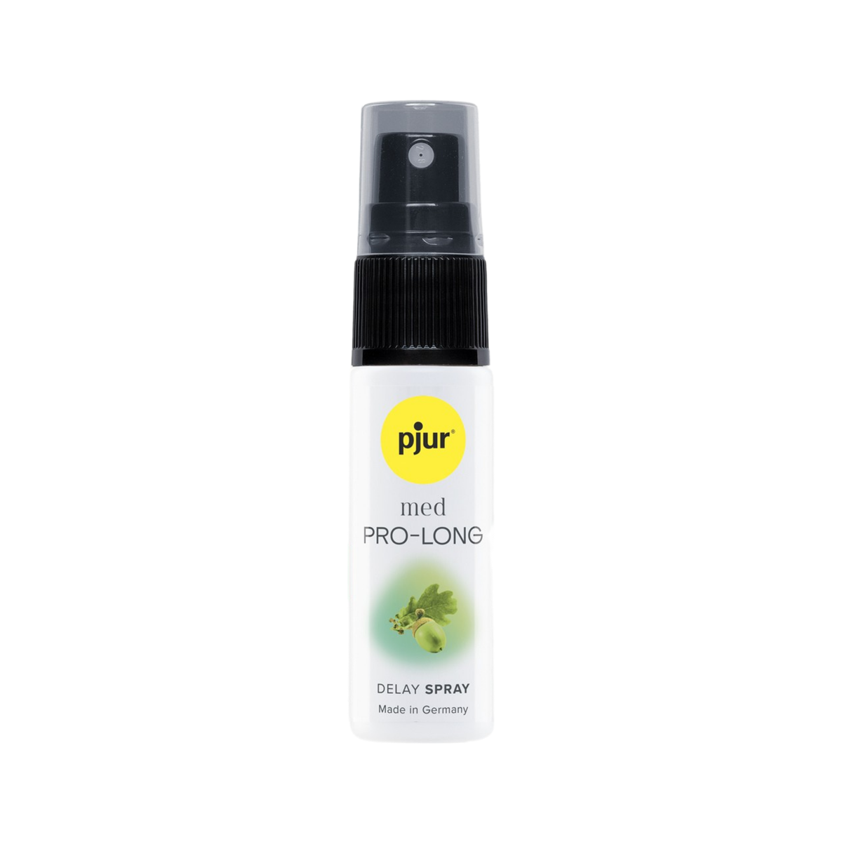 A small white spray bottle of pjur med PRO-LONG delay spray with a yellow logo and green accents on a white background. Main image