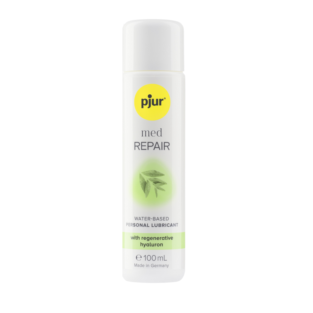A white bottle of pjur med REPAIR water-based personal lubricant with a yellow logo and light green accents on a white background. Main image