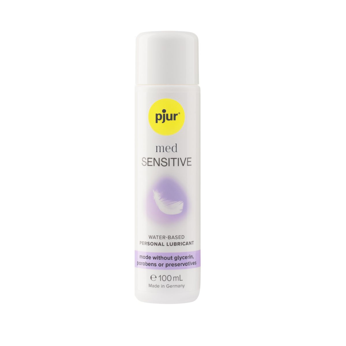 A white bottle of pjur med SENSITIVE water-based personal lubricant with a yellow logo and light purple accents on a white background. Main image