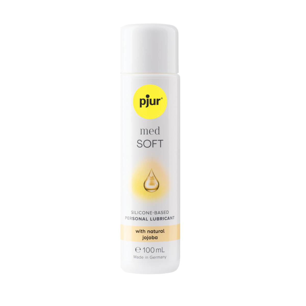 A white bottle of pjur med SOFT water-based personal lubricant with a yellow logo and light orange accents on a white background. Main image