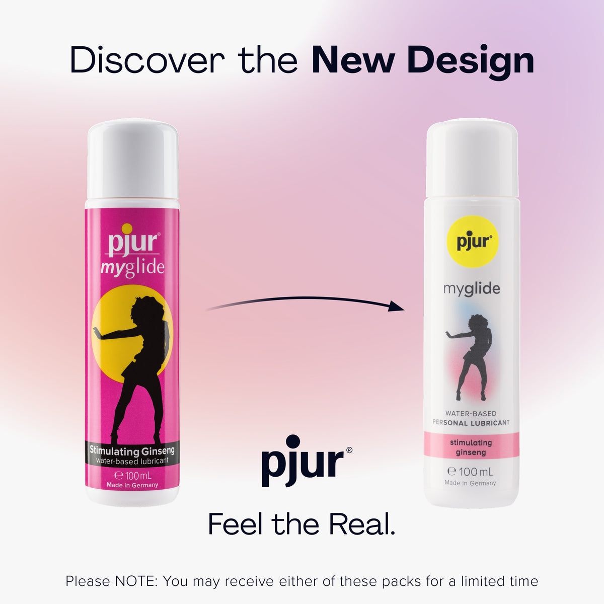 An ad displays the old and new packaging for Pjur Myglide lubricant.