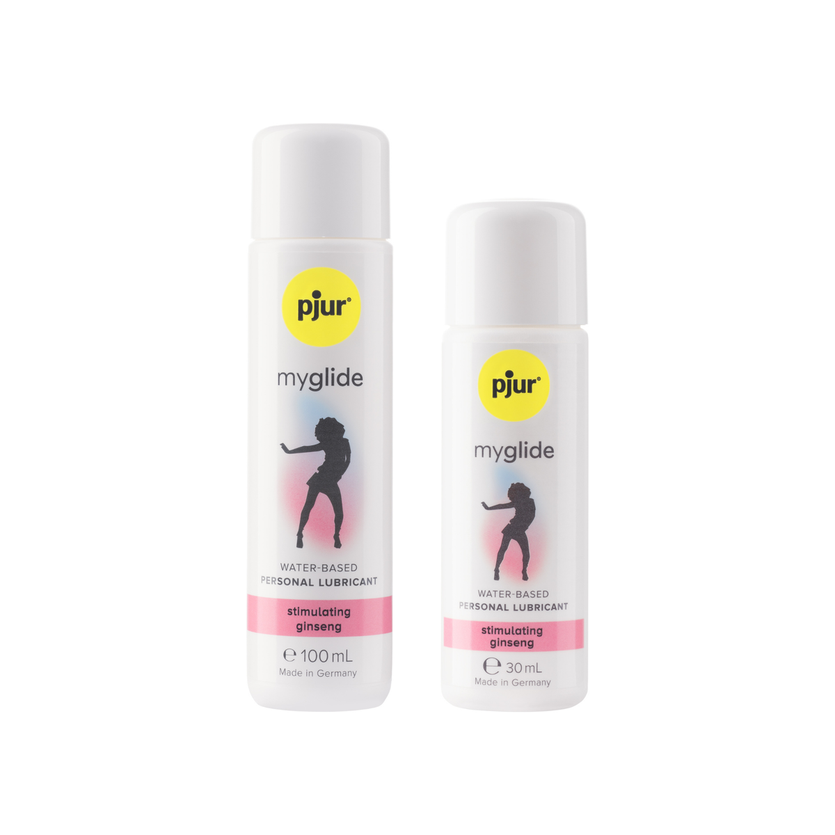 Two white bottles of Pjur Myglide lubricant in different sizes are displayed on a white background. Main image
