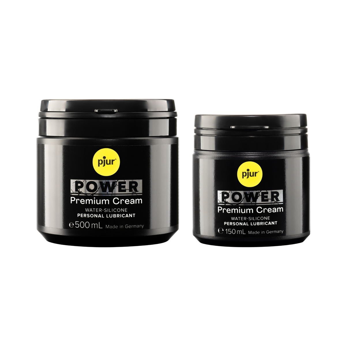 Two black jars of Pjur Power Premium Cream are shown against a white background. Main image