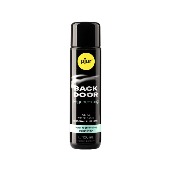 A black bottle of Pjur Back Door Regenerating 100ml lubricant is shown against a white background.