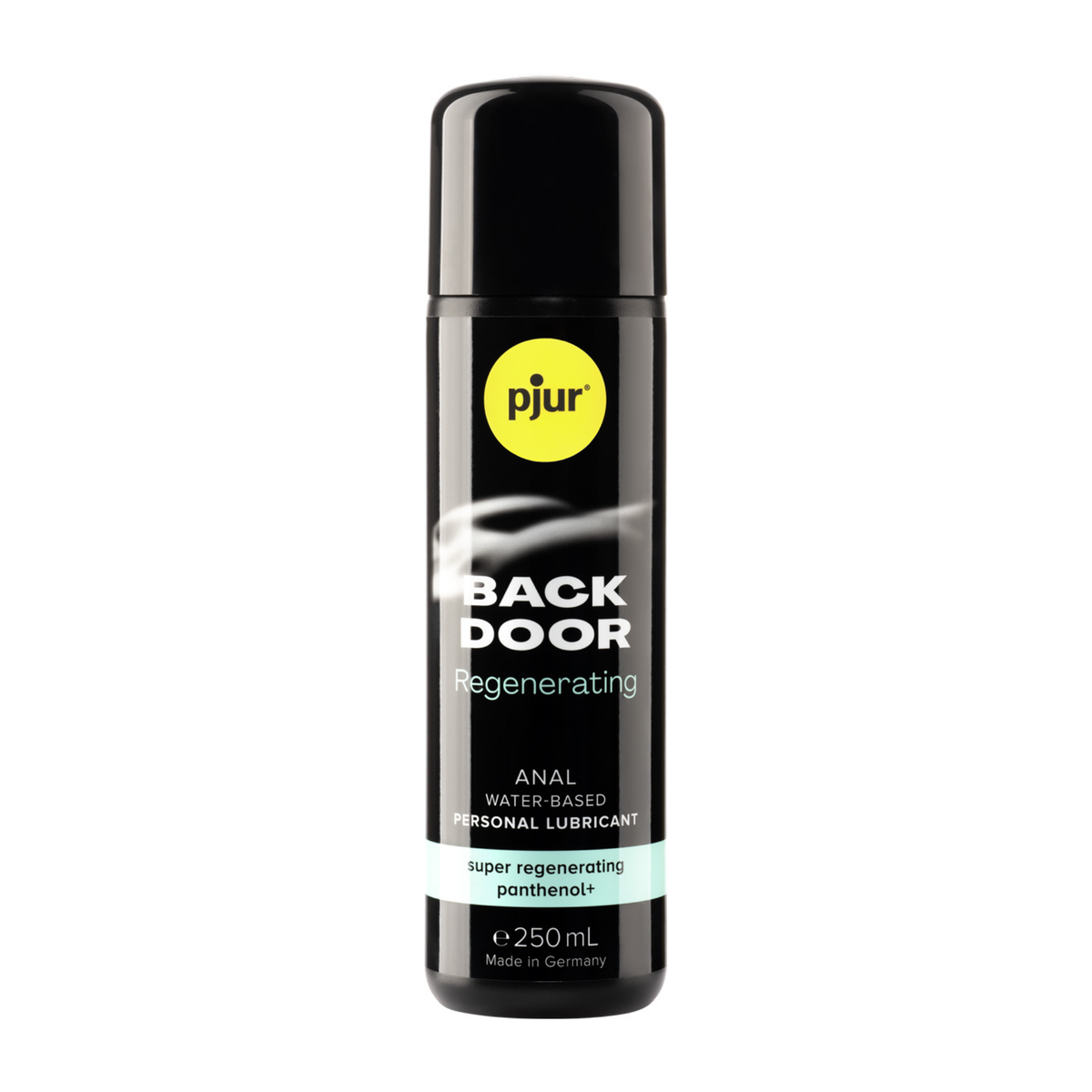 A black bottle of Pjur Back Door Regenerating 250ml lubricant is shown against a white background.