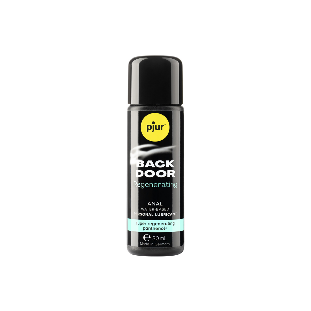 A black bottle of Pjur Back Door Regenerating 30ml lubricant is shown against a white background.