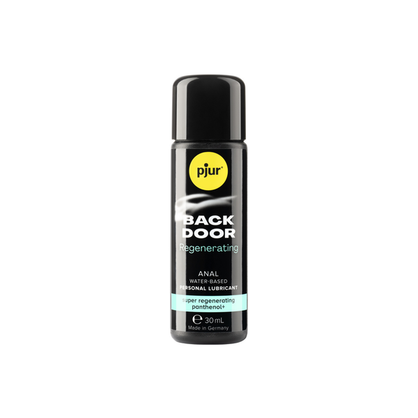 A black bottle of Pjur Back Door Regenerating 30ml lubricant is shown against a white background.