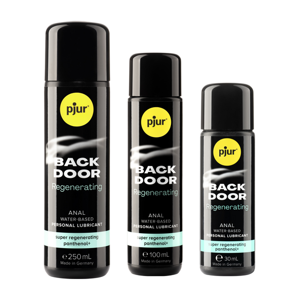 A 3 black bottles of Pjur Back Door Regenerating lubricants is shown against a white background.
