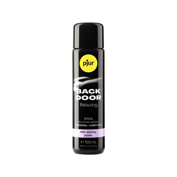 A single black bottle of Pjur Back Door 100ml personal lubricant is centered against a white background. The bottle has a yellow circular "pjur" logo at the top left.