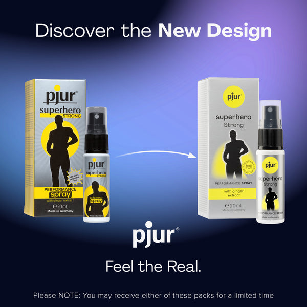 An ad compares old and new packaging for Pjur Superhero Strong spray.