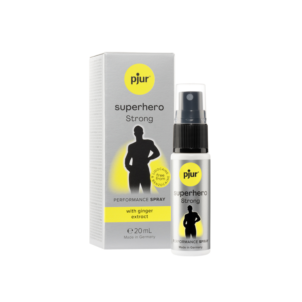 A gray box and a small white spray bottle of Pjur Superhero Strong performance spray are positioned against a white background.  Main image
