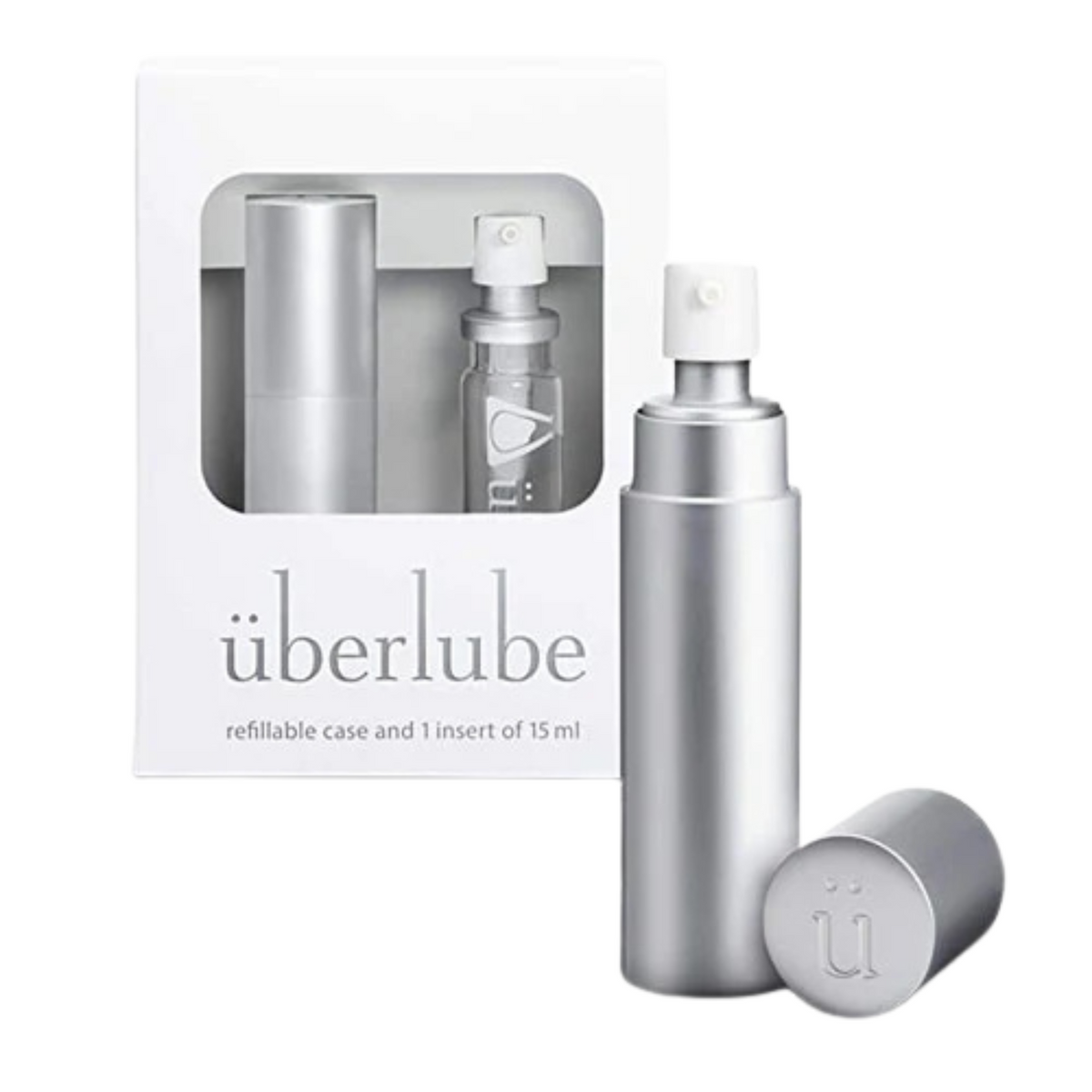 überlube Silver Refillable case & 1 insert 15ml shop at worldcondoms Main image