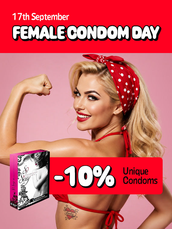 Promotional poster for Female Condom Day, 17th September. A smiling blonde woman in a red polka-dot headband and red outfit poses against a pink background, flexing one arm. A bright red promotional banner advertises “-10% Unique Condoms”, alongside an image of the condom product packaging.