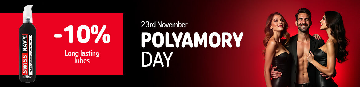 the Polyamory day sale slider image, showcasing the 10% discount off long lasting lubes.