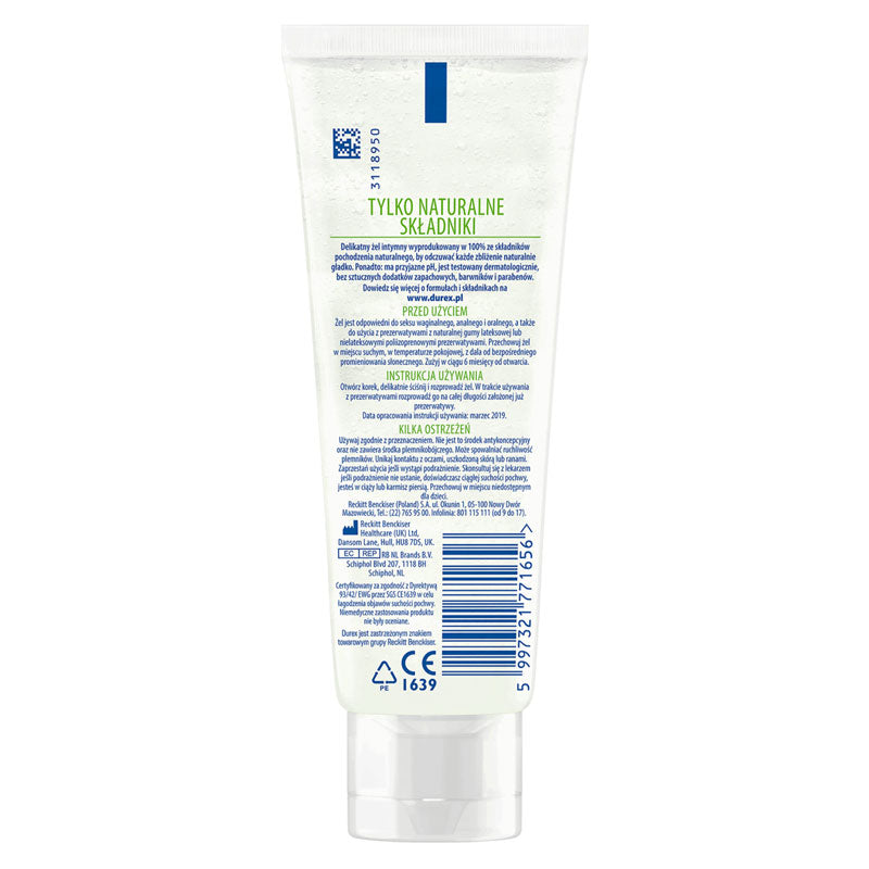 An image of the back of a 100ml tube of Durex Naturals Pure Lube. The tube is white with a vibrant green leaf graphic covered in water droplets. The text highlights '100% Natural Ingredients' inside a water droplet icon.
