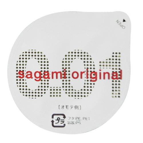An image of Sagami Original 001 individual condom in the white background.